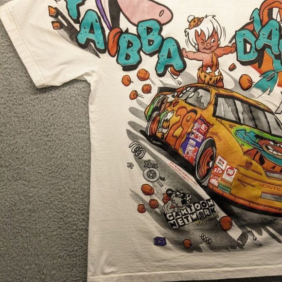 1996 Flintstones Cartoon Network Modern Boot NASCAR AOP Tee Single Stitch - Picture 3 of 6